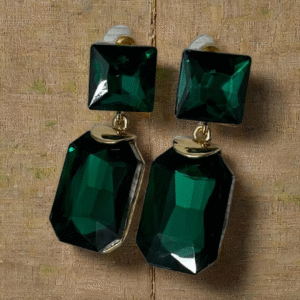 Elegant Emerald Green Crystal Drop Earrings, Square and Rectangle Design, Gold-Tone Metal