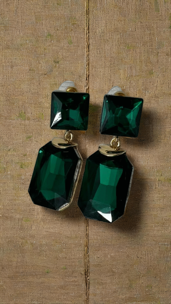 Elegant Emerald Green Crystal Drop Earrings, Square and Rectangle Design, Gold-Tone Metal
