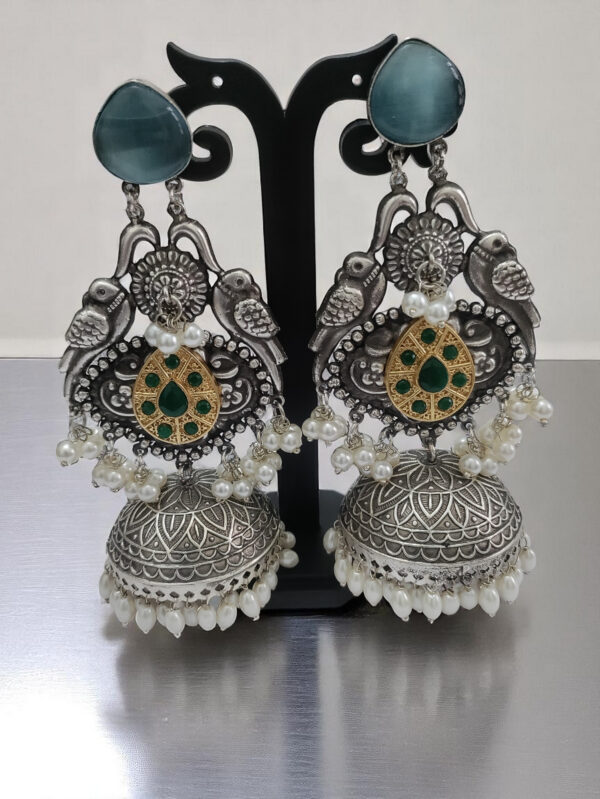 German Silver Replica Oxidized Jhumki Earrings - Image 2