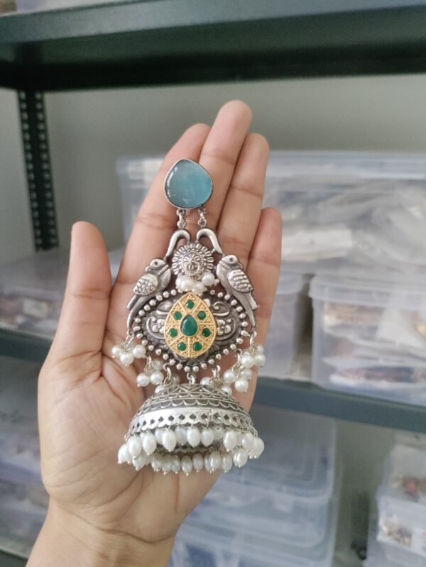 German Silver Replica Oxidized Jhumki Earrings - Image 3