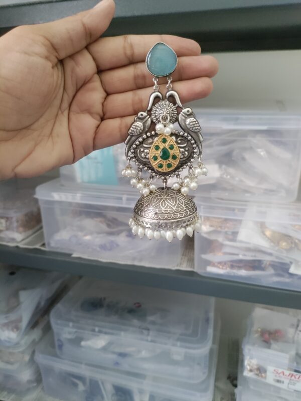 German Silver Replica Oxidized Jhumki Earrings - Image 4
