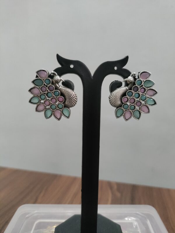 Pink and Mint Green Peacock Oxidized Studs - Image 3