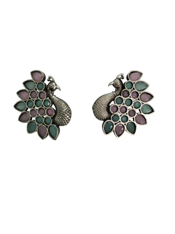 Pink and Mint Green Peacock Oxidized Studs - Image 2