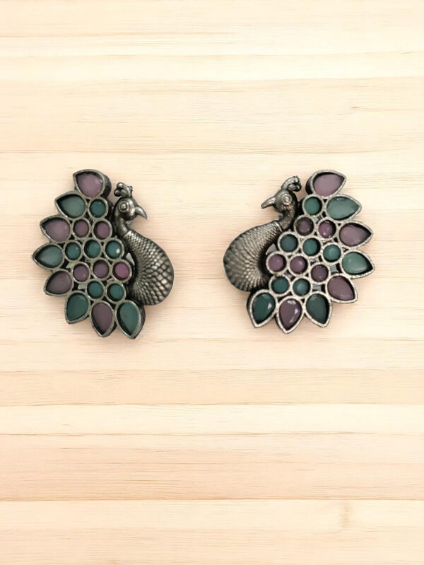 Pink and Mint Green Peacock Oxidized Studs