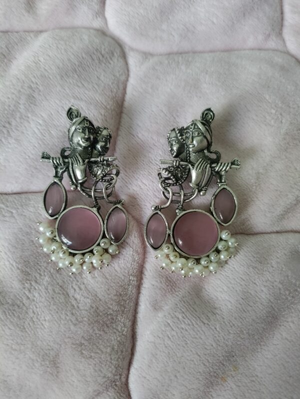 Radha Krishna Flute Oxidized Earrings - Pink - Image 3