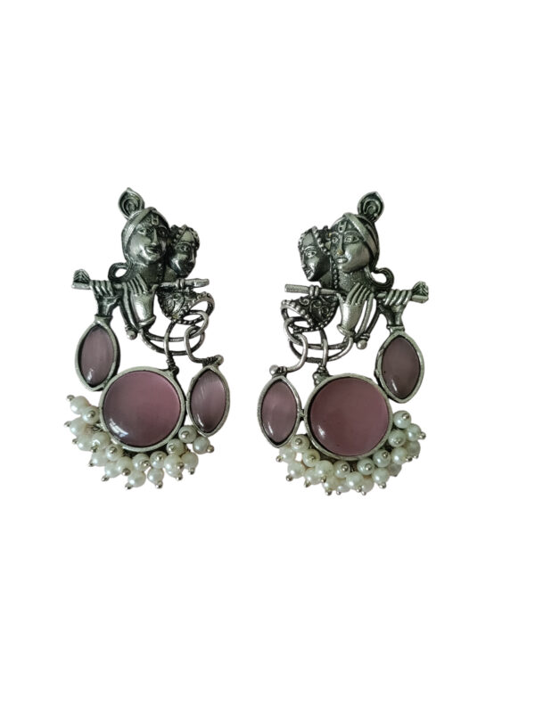 Radha Krishna Flute Oxidized Earrings - Pink - Image 2