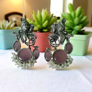 Radha Krishna Flute Oxidized Earrings - Pink