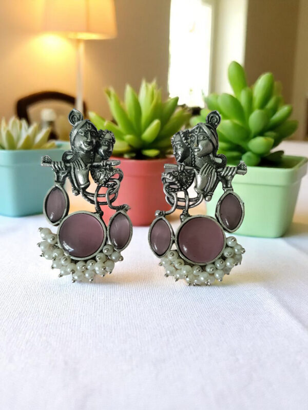 Radha Krishna Flute Oxidized Earrings - Pink