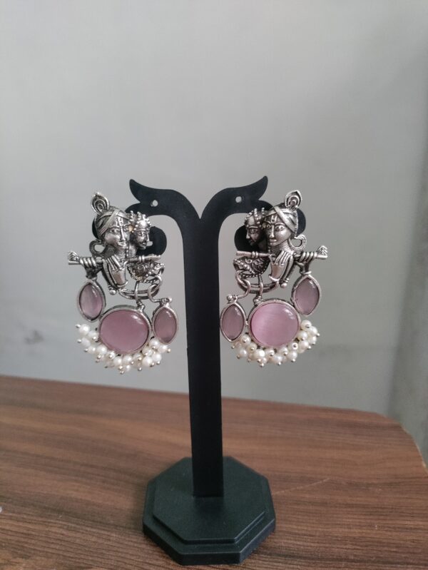 Radha Krishna Flute Oxidized Earrings - Pink - Image 4