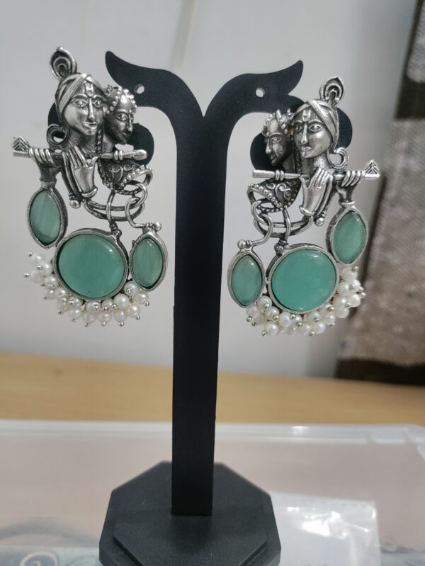 Radha Krishna Flute Oxidised Earrings - Mint Green Color - Image 3