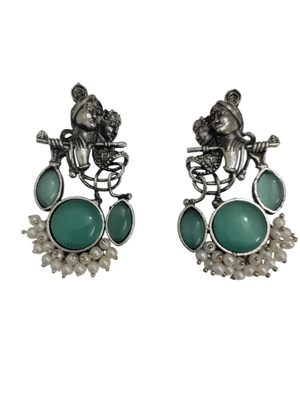 Radha Krishna Flute Oxidised Earrings - Mint Green Color - Image 2