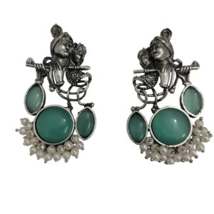 Radha Krishna Flute Oxidised Earrings - Mint Green Color