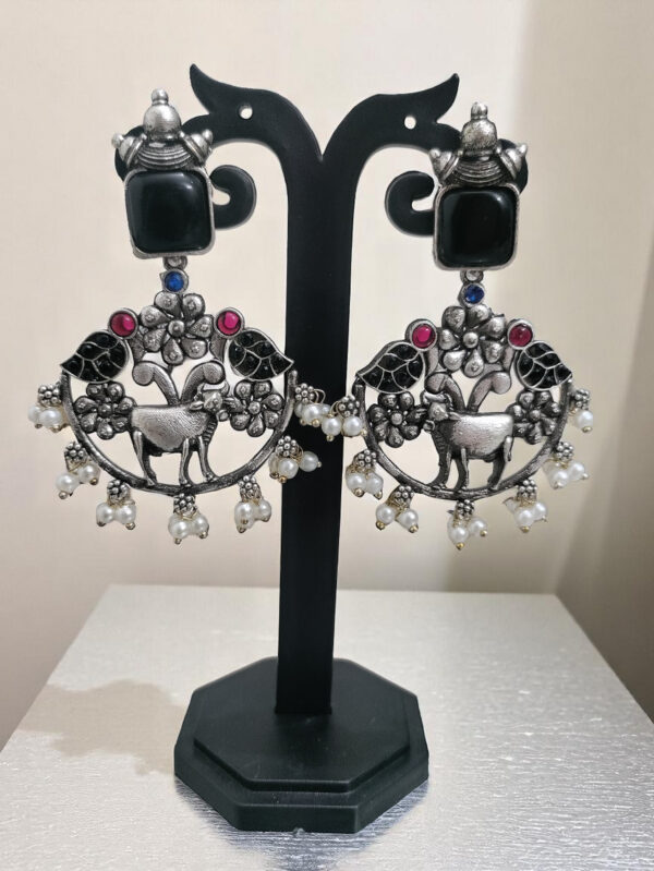 Black Stone Nandi Oxidized Earrings - Floral Design