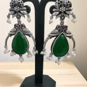 Double Peacock with Drop Oxidized Earrings - Green