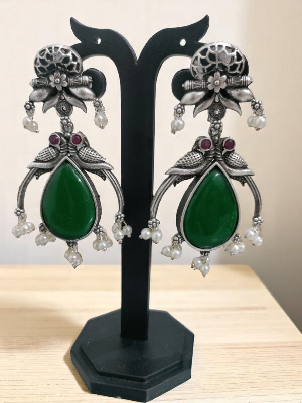 Double Peacock with Drop Oxidized Earrings - Green