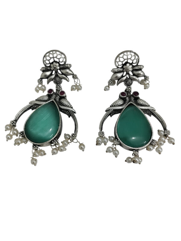Double Peacock with Drop Oxidized Earrings - Green - Image 2