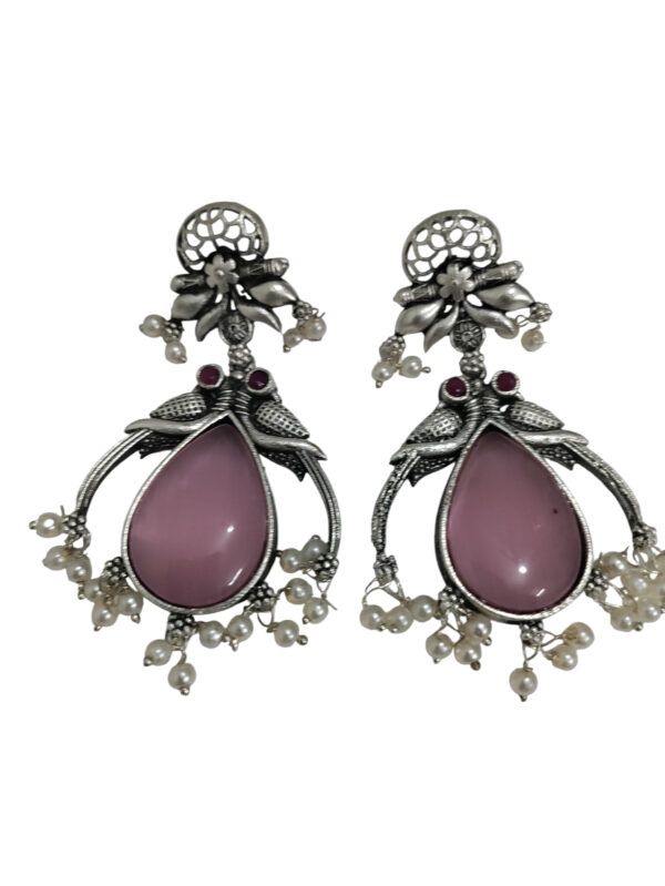 Double Peacock with Drop Oxidized Earrings - Pink - Image 2