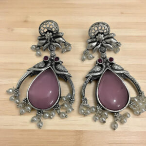Double Peacock with Drop Oxidized Earrings - Pink
