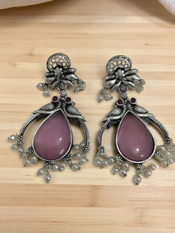 Double Peacock with Drop Oxidized Earrings - Pink