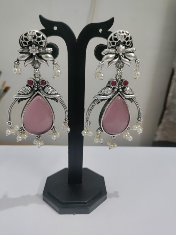 Double Peacock with Drop Oxidized Earrings - Pink - Image 3