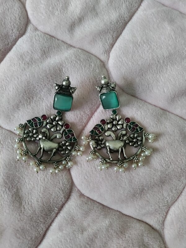Mint Green Nandi Oxidized Earrings - Image 3