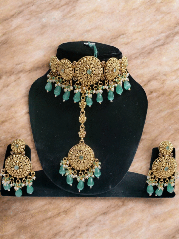 Gold Plated Mint Green Stone Punjabi Chokar Set With Tikka - Image 3