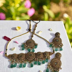 Gold Plated Mint Green Stone Punjabi Chokar Set With Tikka