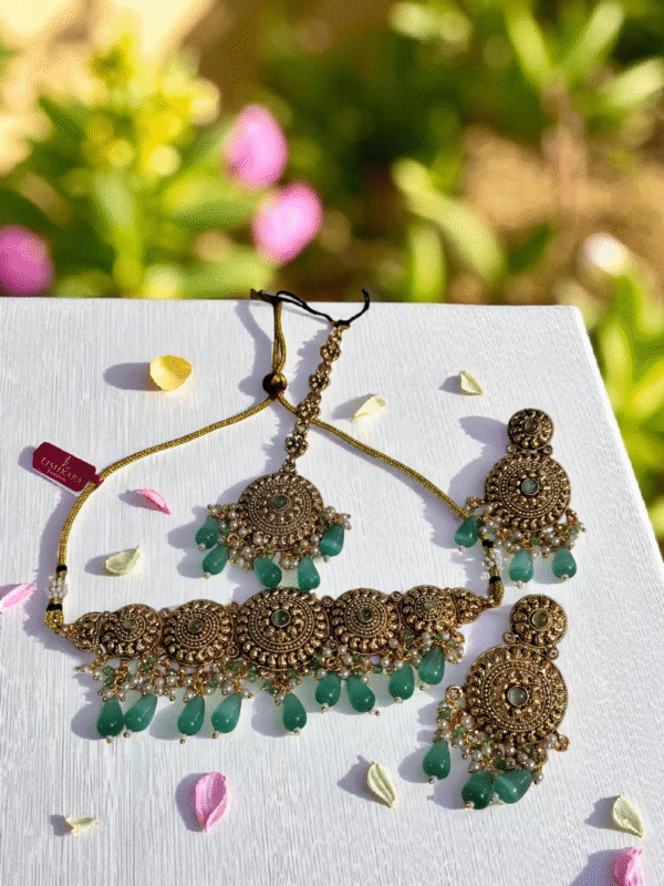 Gold Plated Mint Green Stone Punjabi Chokar Set With Tikka