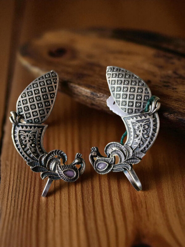Oxidised Silver Peacock Design Ear Cuff Earrings, Traditional Pattern, Floral Motif - Image 2