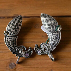 Oxidised Silver Peacock Design Ear Cuff Earrings, Traditional Pattern, Floral Motif