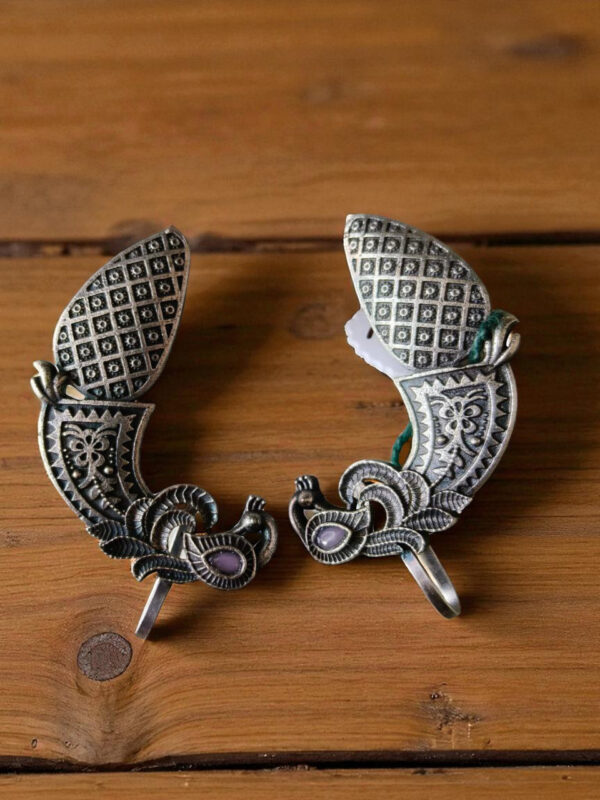 Oxidised Silver Peacock Design Ear Cuff Earrings, Traditional Pattern, Floral Motif